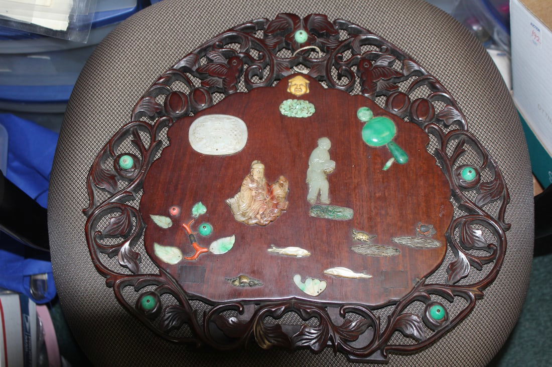 An Antique Chinese Jade/Hardstone Plaque: some coral - most likely 19th century - 16 1/4" x 14 1/8" - please note: wire transfer only on this piece