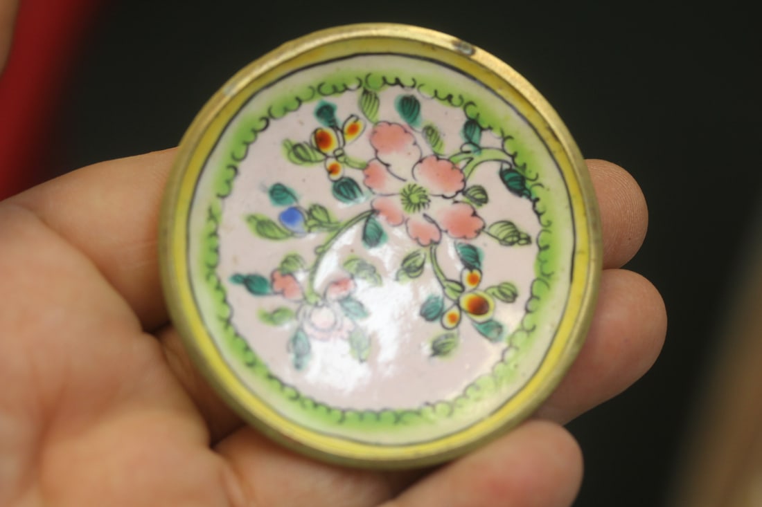 Antique Chinese Small Dish: enamel on copper - marked China - 2 1/4" in diameter