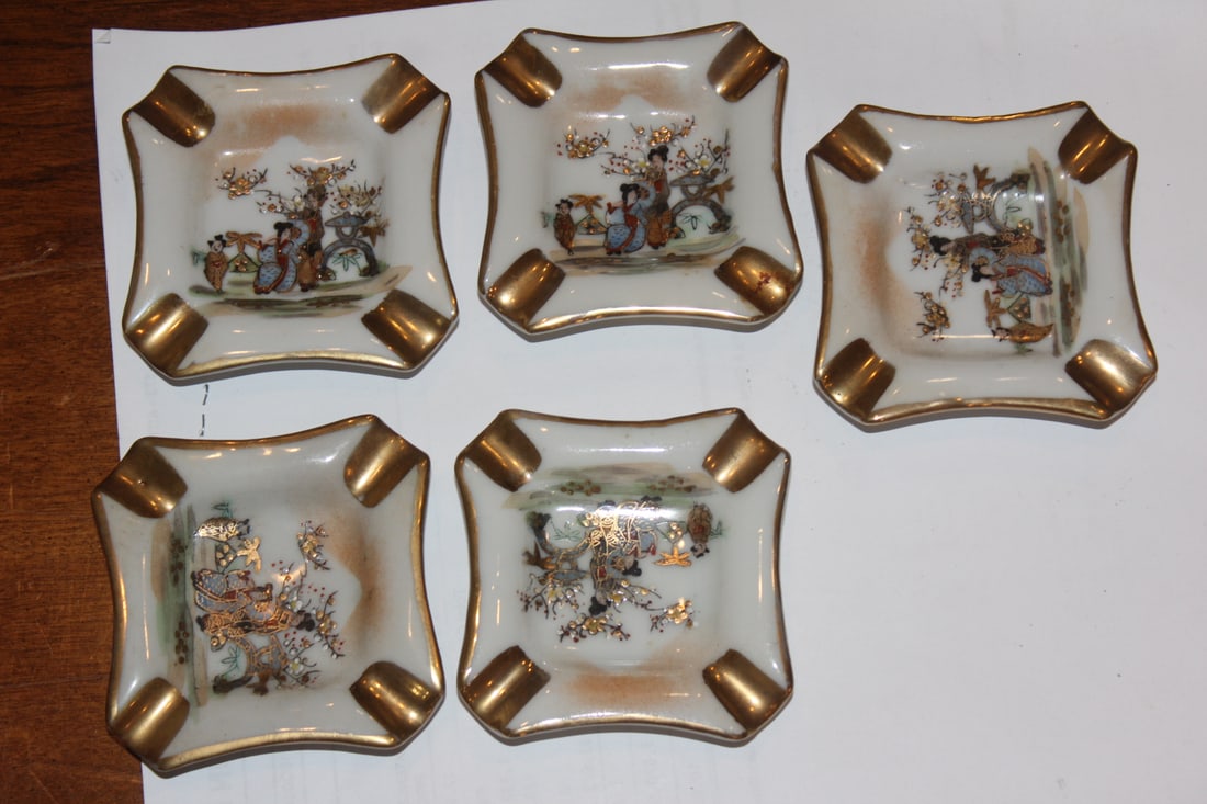 Lot of 5 Kutani Personal Ashtrays: signed - 3" square