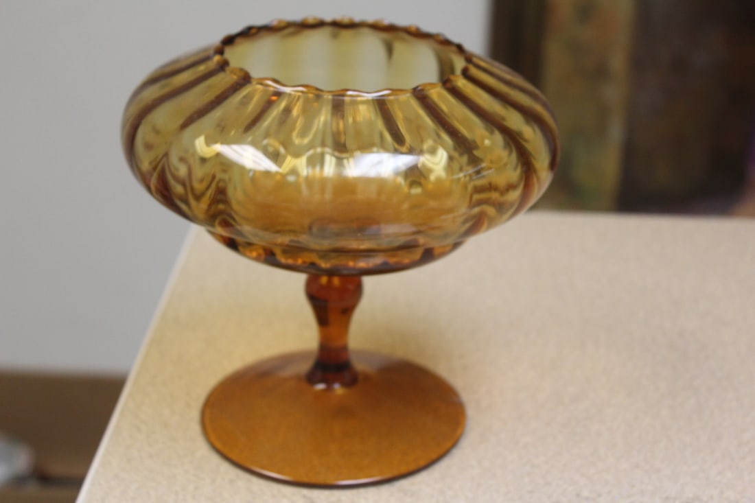 Amber Colour Glass Stem Bowl: unusual form - probably mid century era - 6 5/8" in diameter