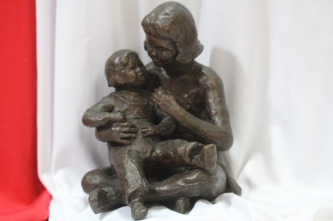A Heavy Signed Bronze Statue of a Mother and Child: 8 5/8" tall - most likely Marilyn Simon