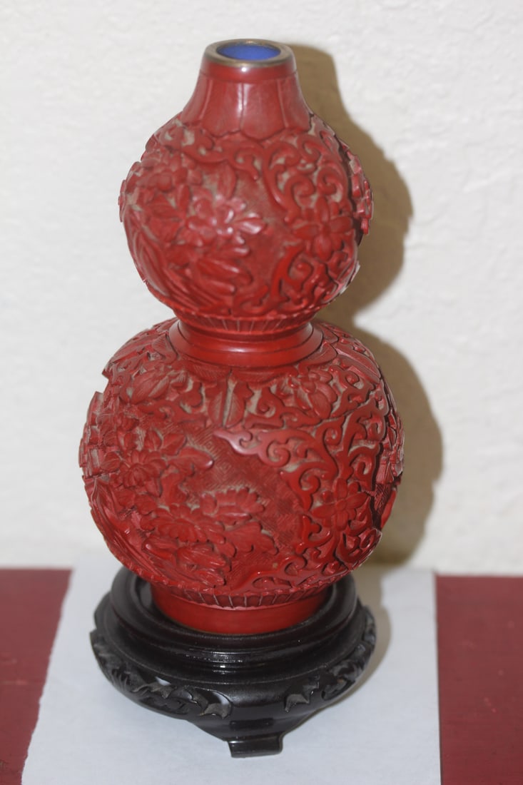 Chinese Cinnabar on Cloisonne Vase: with stand - gourd design - vase only= 6 1/8" tall