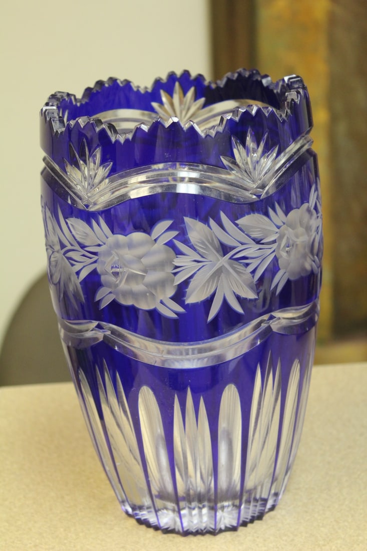 Cobalt Blue Cut Glass Vase: 9 5/8" tall