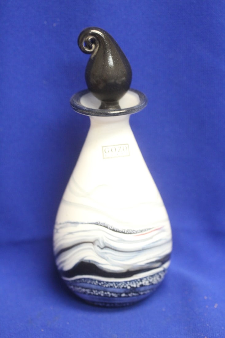 Signed Gozo Glass Perfume Bottle: 7 1/2" tall - art glass design - lid stuck