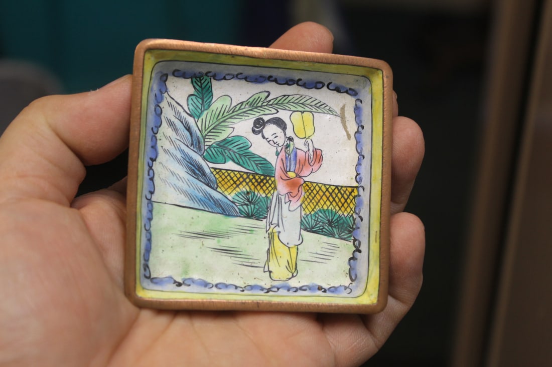 Antique Chinese Enamel Square Dish: 2 3/4" square - late 19th century