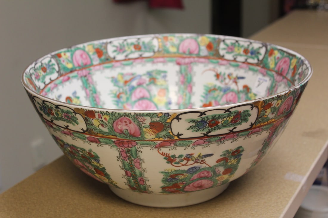 Large Rosemedallion Center Bowl: 14 1/8" in diameter and 6 3/8" tall - signed