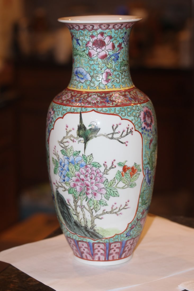 Signed Chinese Famille Verte Vase: 12 3/4" tall