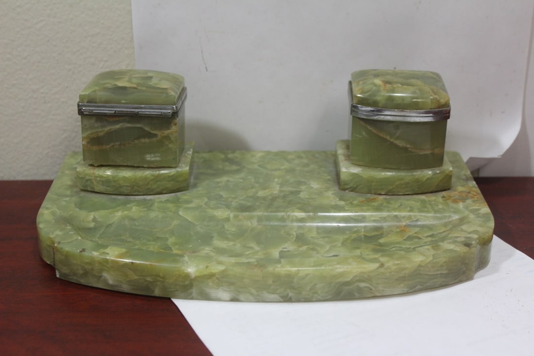 An Onyx Inkwell: please note: cracks, chips - 11 1/4" in length