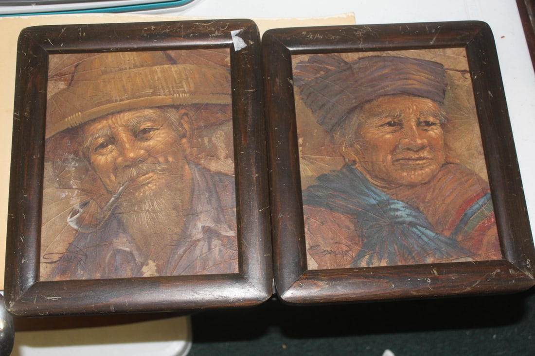Pair of Paiting on Tobacco Leaf: signed - mid century - most likely from Thailand - overall= 12 3/8" x 10 1/4"