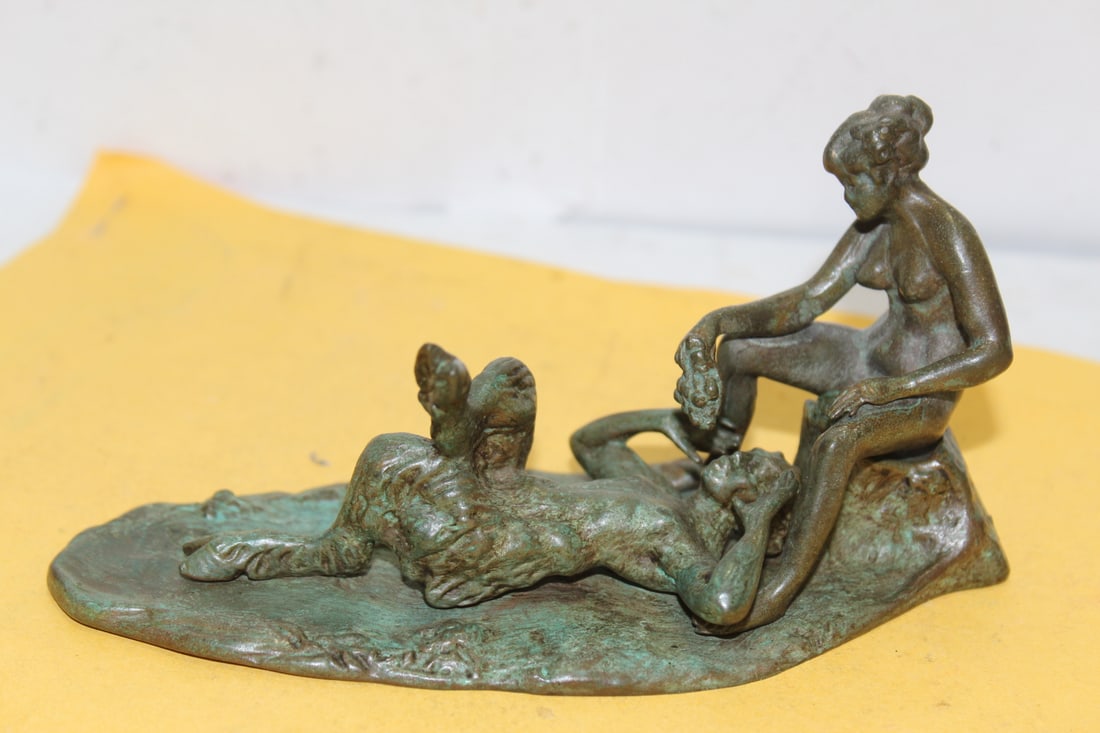A Rare Two Part Nude Bronze with Devil: three dimensional antique bronze - 5 1/2" across - possibly late 1800's
