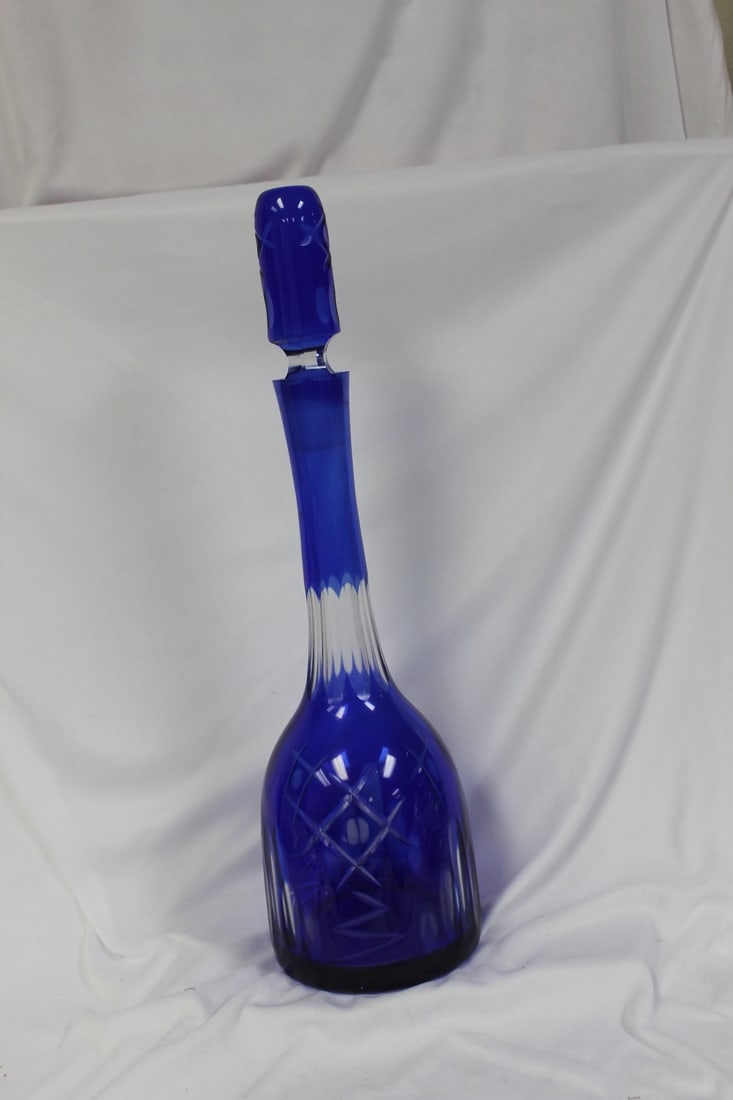 A Cobalt Blue Cut Glass Large Decanter: 17" tall