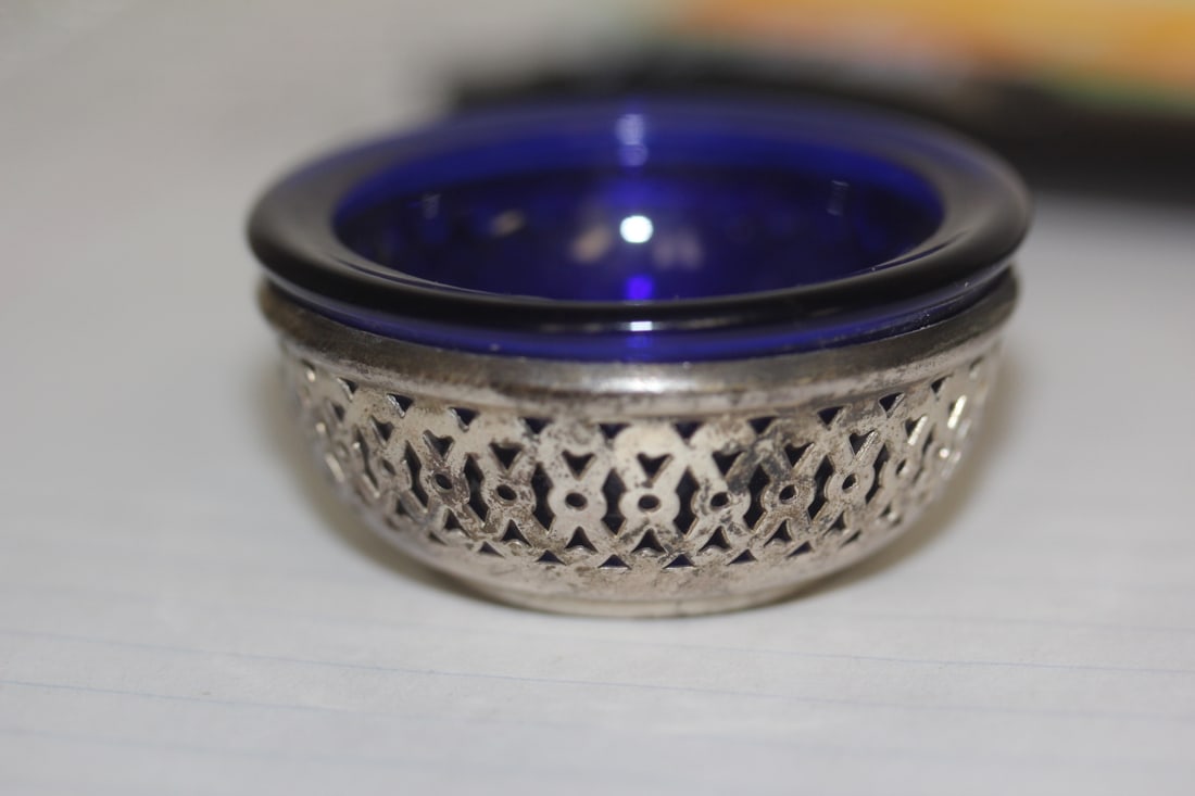 Sterling and Cobalt Blue Glass Container: 1 7/8" in diameter