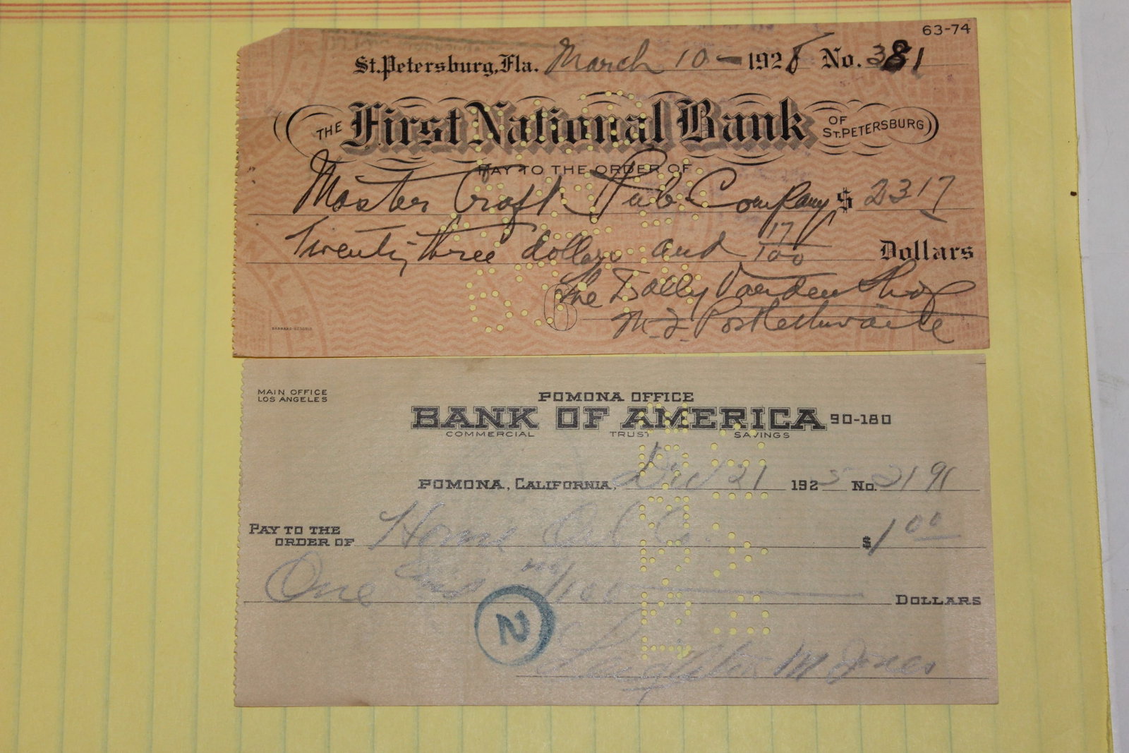 A Lot Of 2 Old Bank Checks: cancelled - as shown