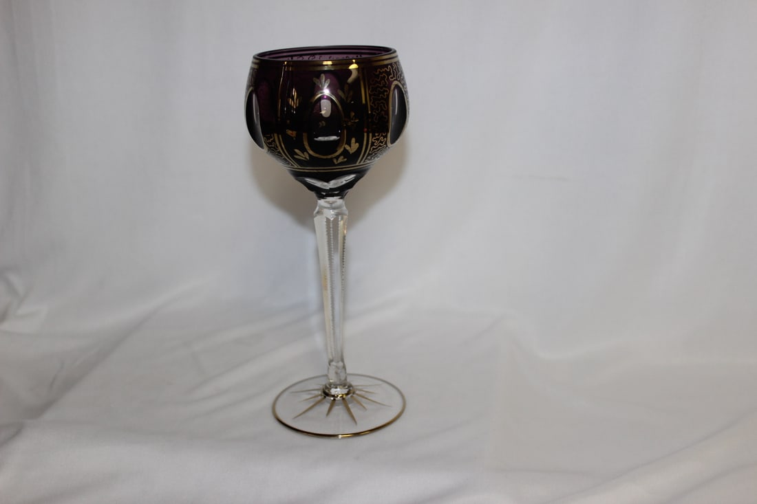 A Gold Gilted Stem Glass: Amethyst Colour - 8 1/4" tall
