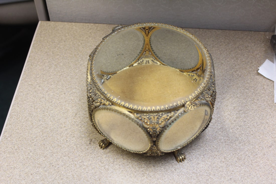 Victorian Metal Footed Box: filigree and glass - 6 3/8" in diameter