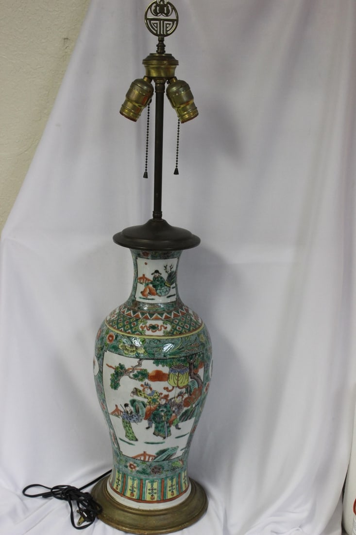 A Chinese Famille Verte Converted Floor Vase: converted into a Lampmuseum number marked on base - Late 19th or early 20th century - vase only: 18" tall