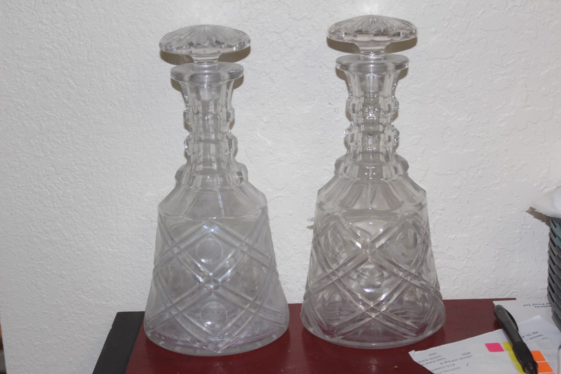 Pair of Cut Glass Decanters: please note: haze - needs cleaning - 11" tall each