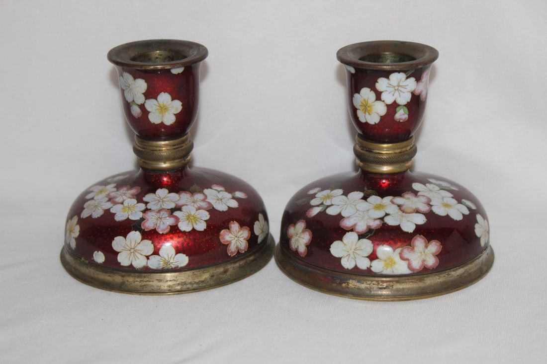 A Pair of Japanese Cloisonne Candlesticks: 4" tall - very beautiful design