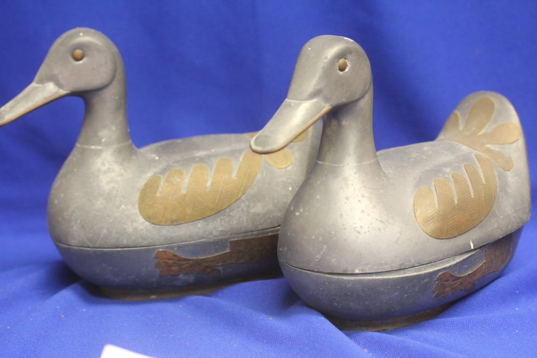 A Pair of Vintage Chinese Pewter Duck Boxes: 7 7/8" across - please note: one box does not completely fit, needs some sort of adjustment