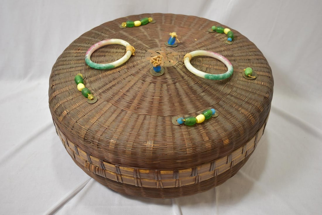 A Chinese Sewing Basket: Antique - possibly 19th century - large size - with peking glass handles - 15 1/2" in diameter
