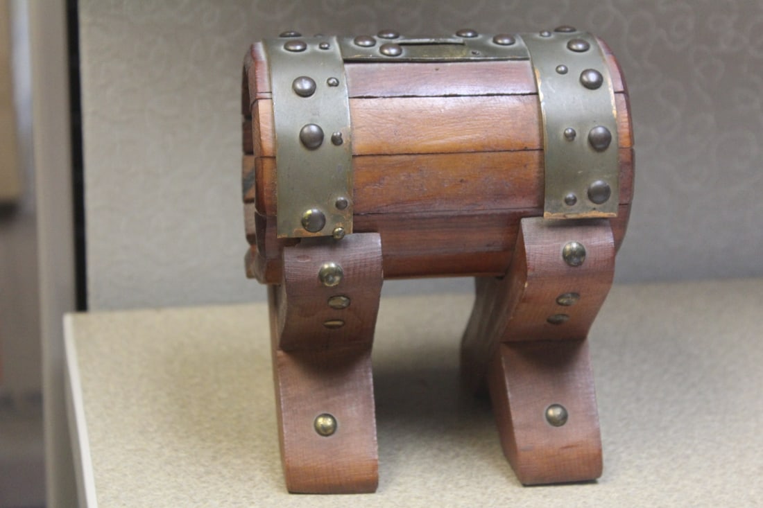 Wood Barrel Bank: by Morton - 6 1/4" tall