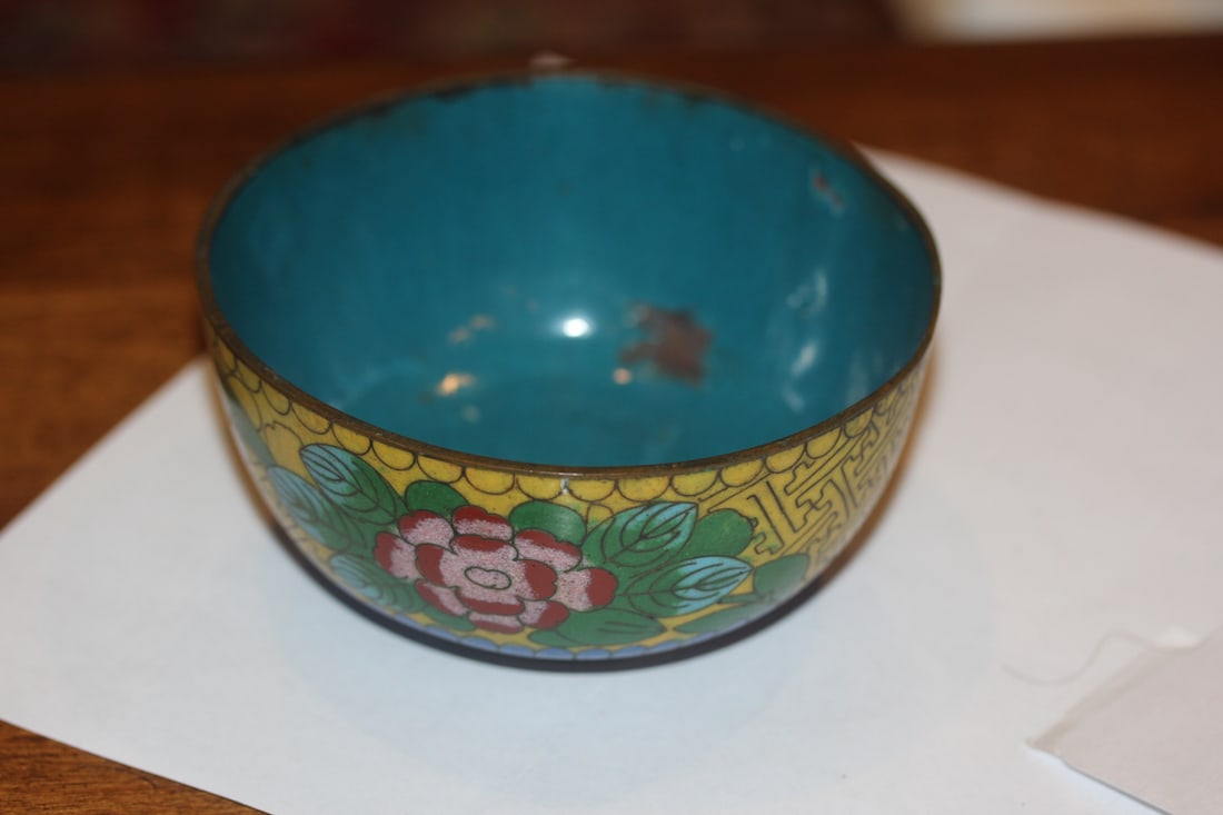 Antique Chinese Cloisonne Bowl: 19th century - 4 3/8" in diameter - please note: bruises, loss as shown