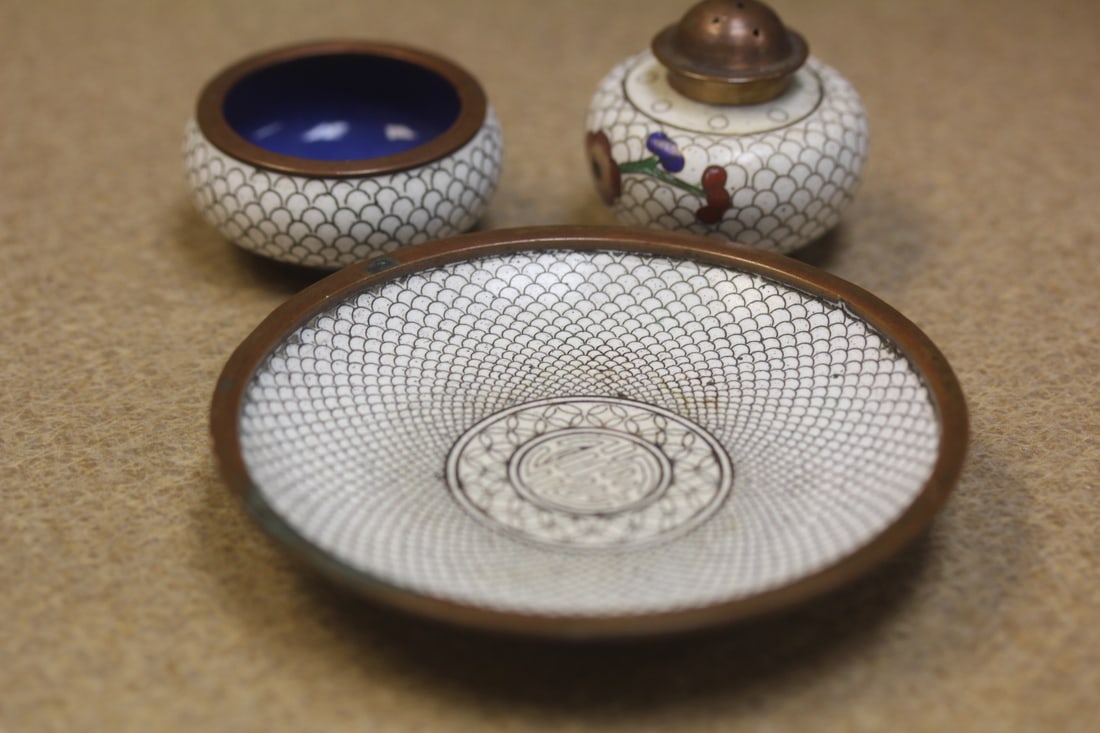 Set of 3 Chinese Cloisonne Articles: plate= 3 3/4" in diameter