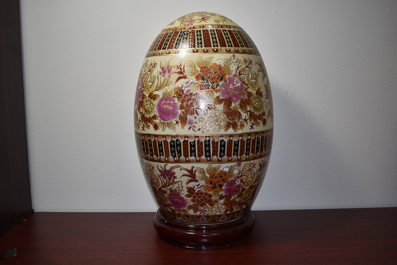 A Large, Satsuma Style Porcelain Egg on Stand: egg only approximately 16 1/2" tall
