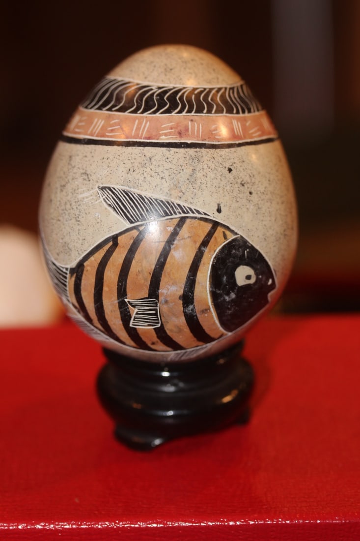 Carved Stone Egg on Woodstand: egg= 3 1/2" long