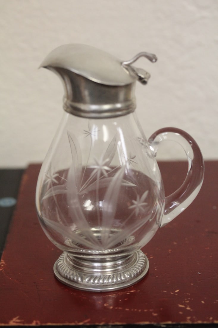 Etched Glass Syrup Pourer: marked sterling - early 20th century - 5 1/4" tall