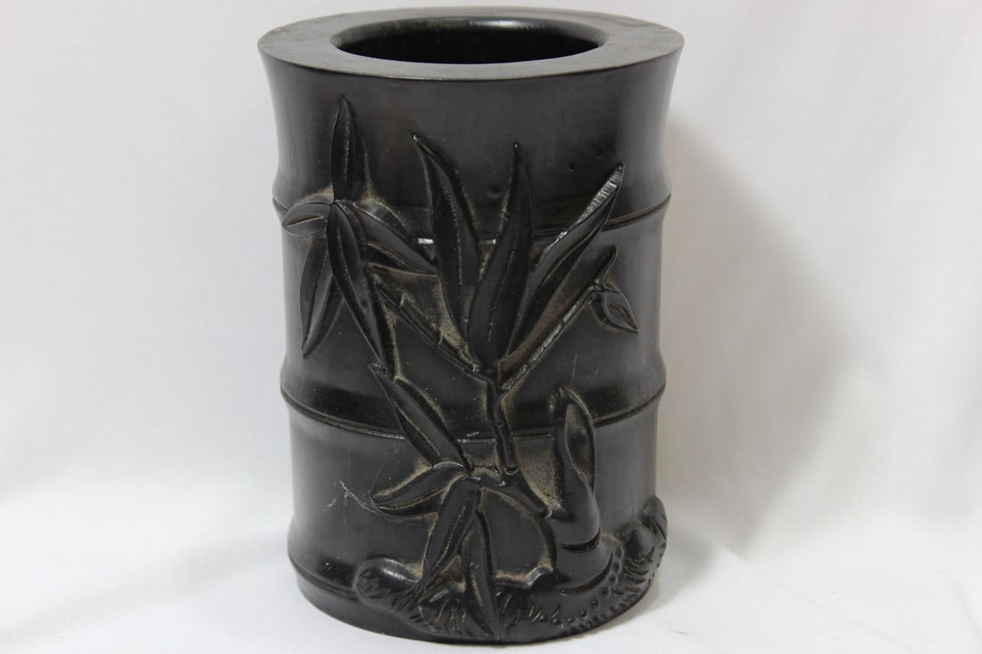 A Well Carved Most Likely Resin Chinese Brush Pot: 6" tall