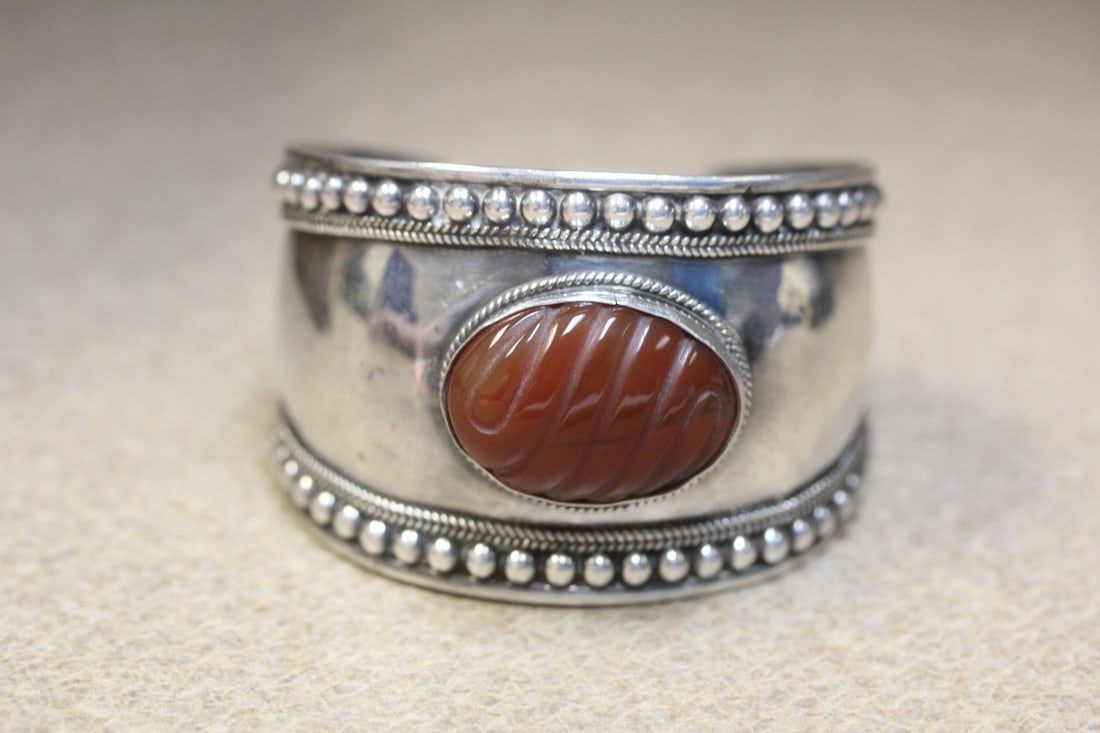 Large Sterling and Carnelian Jade? Bangle Bracelet: as shown