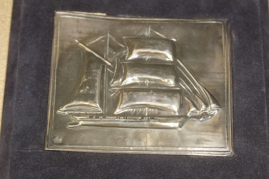 Michalas Sterling Ship Plaque: marked 925 - framed - 8 7/8" square