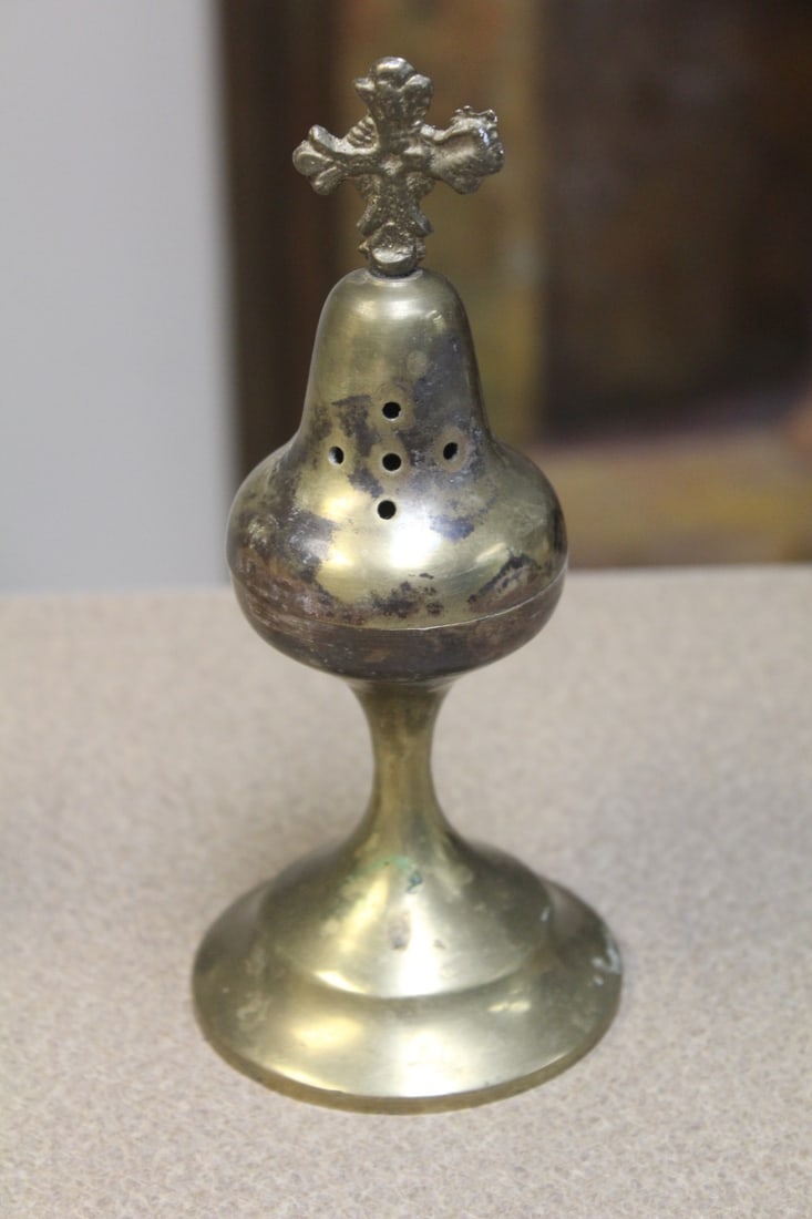 Religious Brass Container: 7" tall