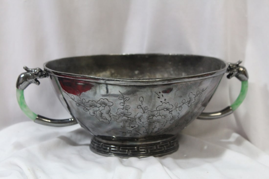 A Chinese Export Silverplated Bowl: Chilung handle - plastic, imitation jade handles - diameter without the handles= 8 1/2" - marked China -Please note: few small holes and dents
