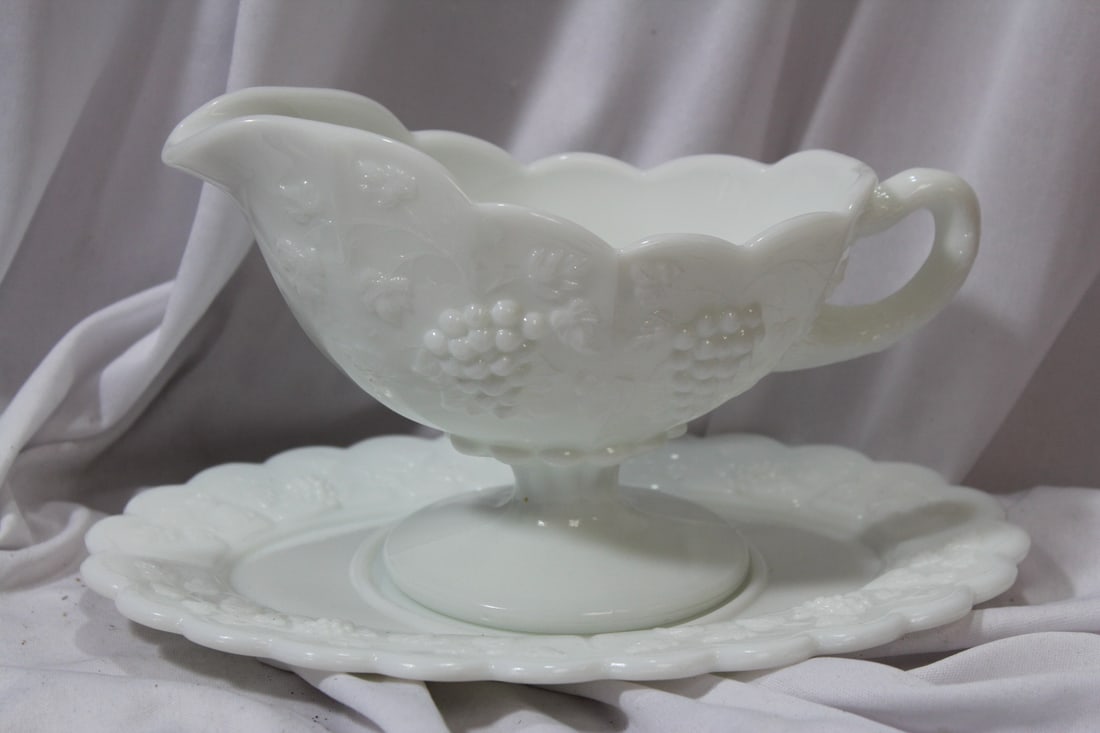 A West Moreland Company Milk Glass Gravy Bowl: and undertray - undertray= 9 1/4" across