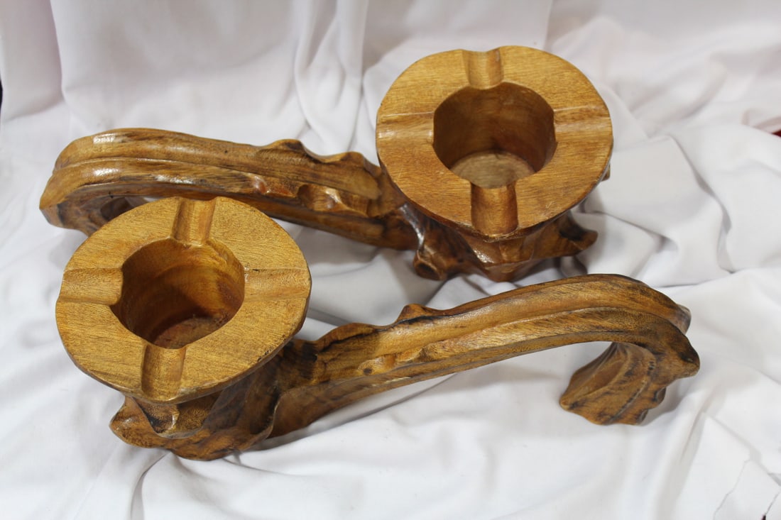 Lot of 2 Unusual Wooden Ashtray: 12 1/4" long each