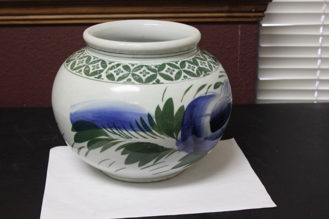 A Korena Blue and White/Green Jar: 7 1/2" tall - mid 20th century - most likely rare