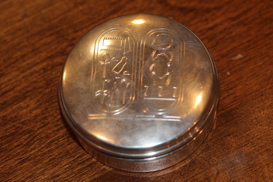 Vintage Cartier Sterling Silver Trinket Box: Egyptian cartouche trinket box - 3 inches in diameter