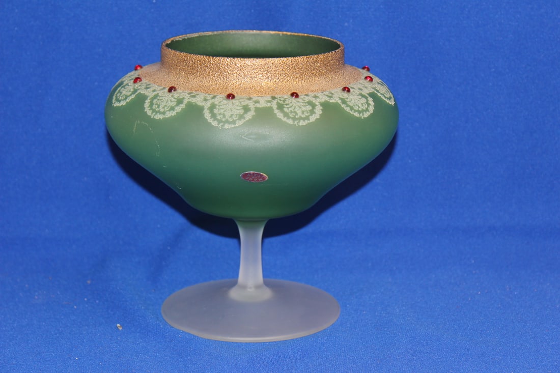 A Beaded Green and Gold Large Cup: possibly Murano - made in Italy - appears to be old - 7 inches tall