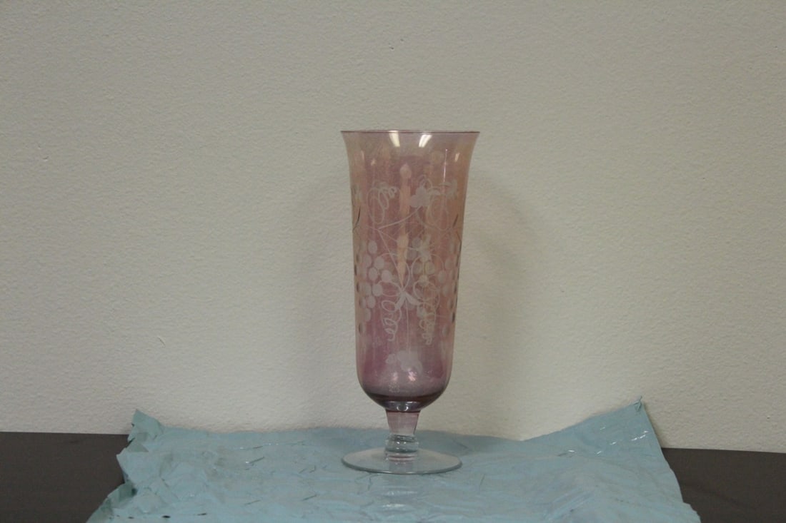 A Cranberry Etched Glass Vase/ Tumbler: 10" tall
