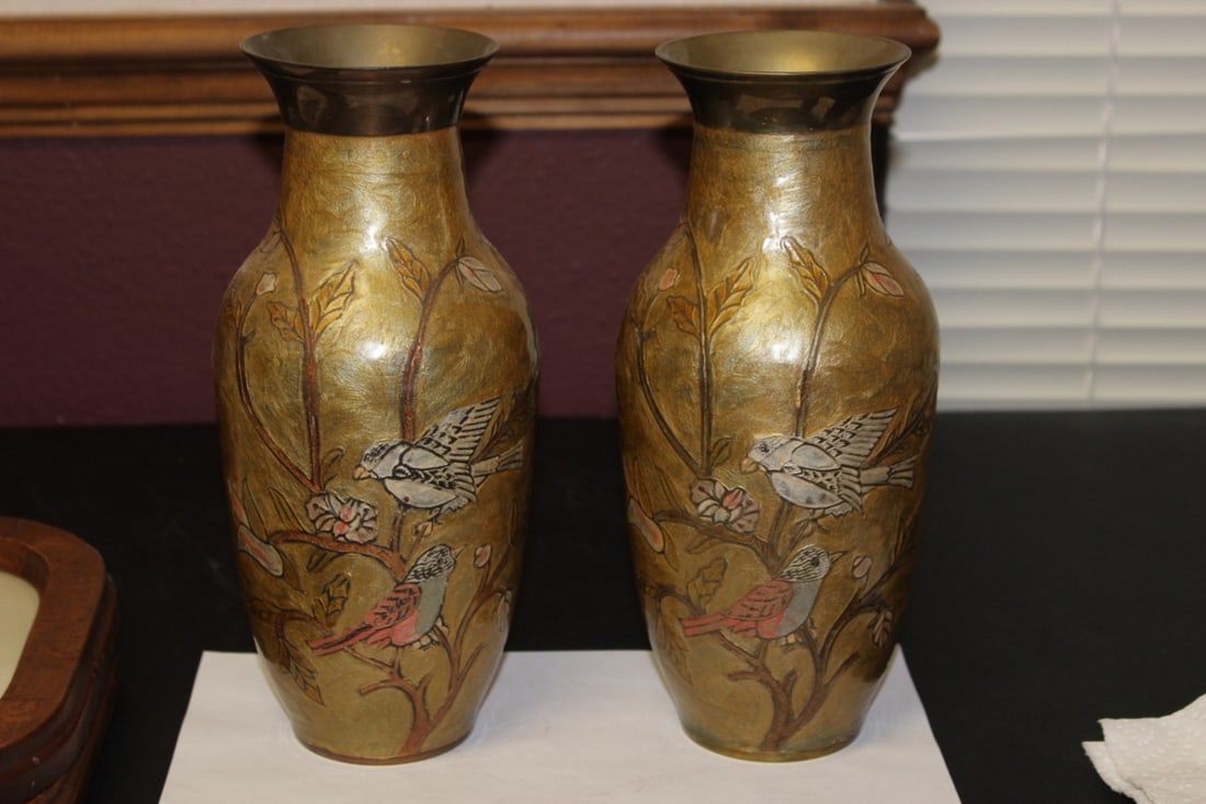 A Pair of Enamel on Brass Vases: 10" tall