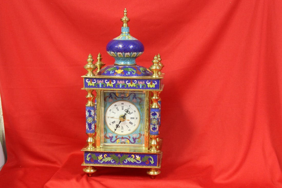 A Chinese Quartz Cloisonne Clock: needs batteries - 12 1/2" tall
