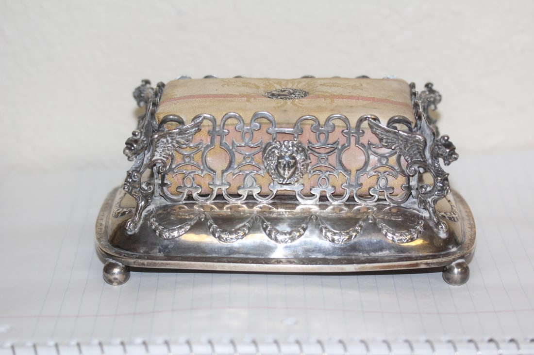 Silver Edwardian Ornate Pin Cushion: high grded silver (900 or better) Edwardian 19th century ornate pin cushion - tested by jeweler as silver - well taken care of - 6 inches across
