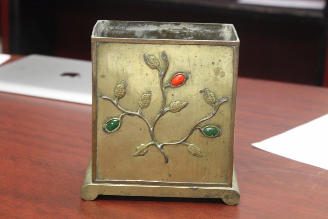 A Chinese Gemstone? And Brass Planter: Marked China on the bottom - 6" x 5 1/8" x 3 1/4"