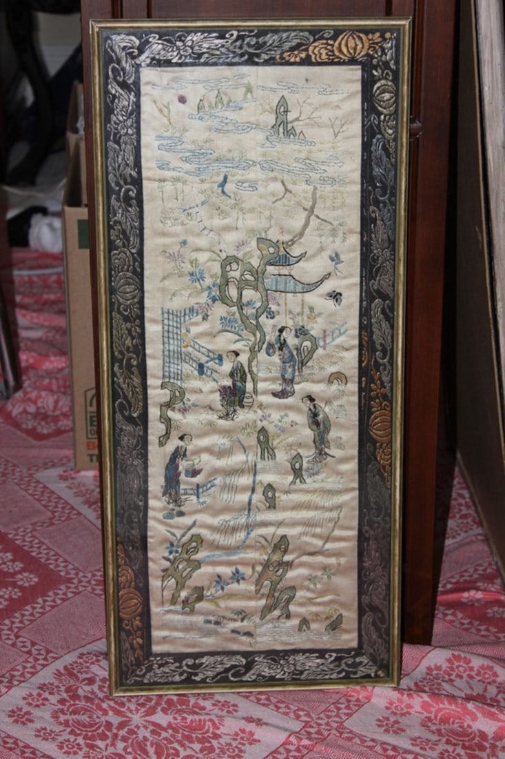 Antique Chinese Golden Silk Framed Textile: 19th Century - 23 1/2" x 10" overall. Nicely detailed.