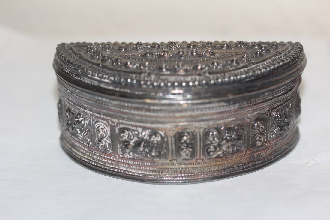 Ornate Half Moon Silver Box: high grded (900 or better) - tested as silver by jeweler - 4" wide by 1 3/4" tll