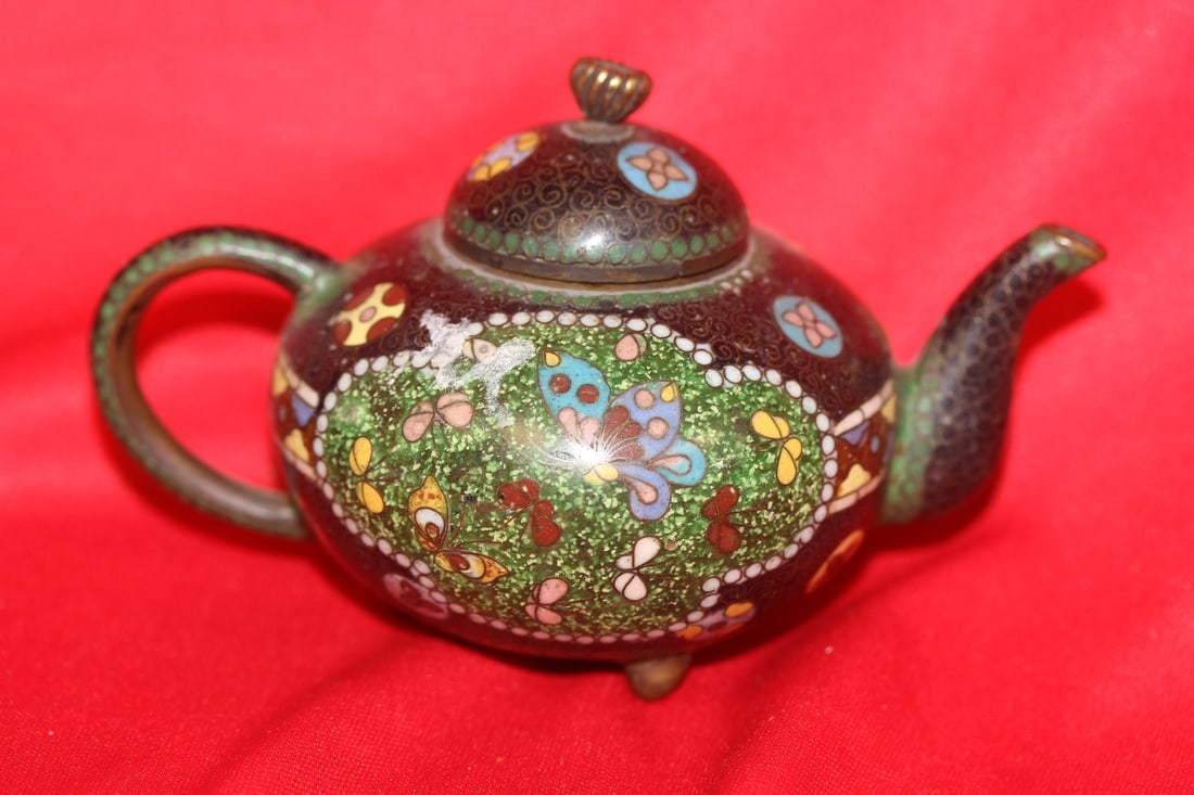 A Japanese Cloisonne Teapot: Meiji period - please note: bruise inside, but not noticeable outside - 4 1/2" wide - most likely 19th century