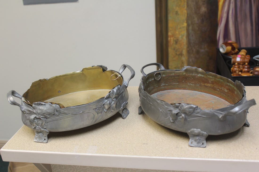 Pair of art Nuveau warmer with liner: each 12" long from handle to handle