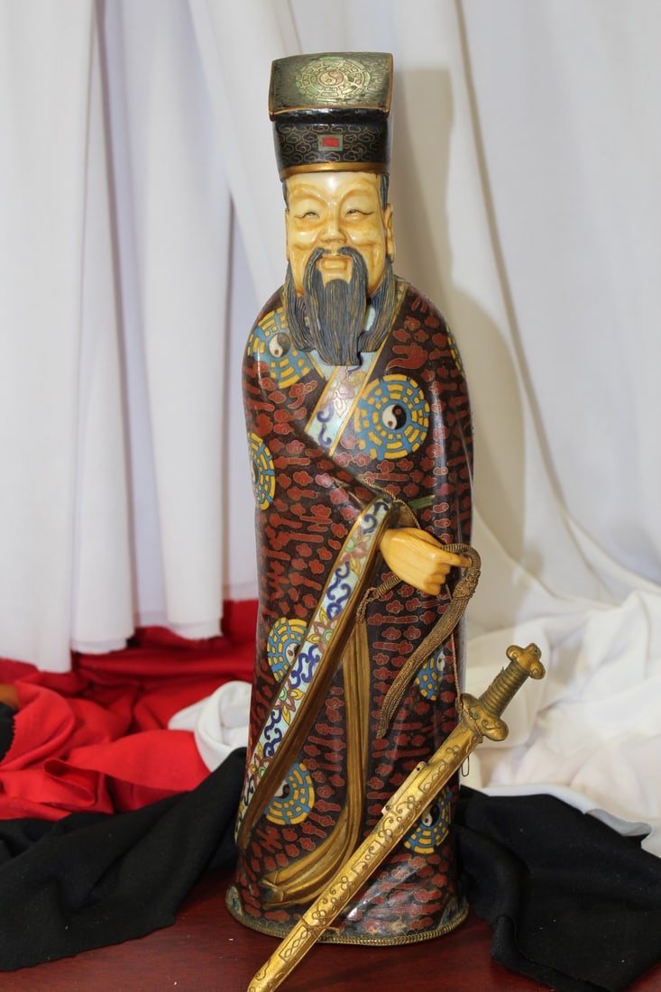 A Rare Antique Chinese Cloisonne and Bone Sage: please note: sword probably needs to be reattached - removable head - 14" tall